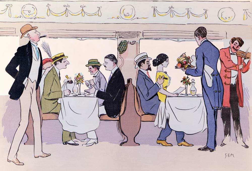 Restaurant Car in the Paris to Nice Train, 1913 (colour litho) von Sem