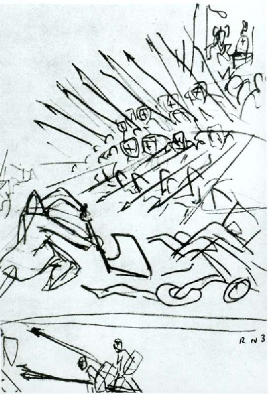 Die Schlacht am See, Skizze einer Szene aus dem Film "Alexander Nevsky" von Sergei Eisenstein