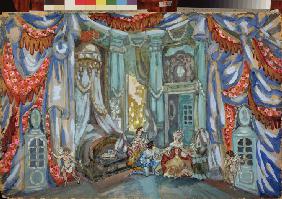 Bühnenbildentwurf zum Theaterstück Ein toller Tag oder Fogaros Hochzeit von P. de Beaumarchais 1915
