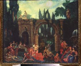 Bühnenbildentwurf zum Theaterstück Das Dekameron von G. Boccaccio 1914