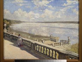 Sonniger Tag. Dame neben Balustrade 1908