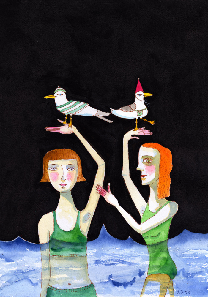 Beste Freunde schwimmen mit Vögeln von Sharyn Bursic