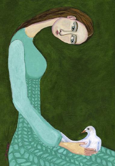 Dame sitzt mit weißer Taubenvogelfrau