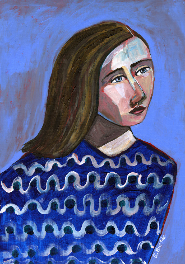 Frau im blauen Pullover Naives Porträt figurativ von Sharyn Bursic