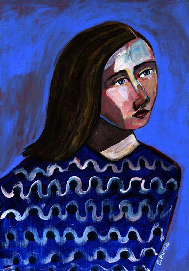 Frau im blauen Pullover Naives Porträt figurativ