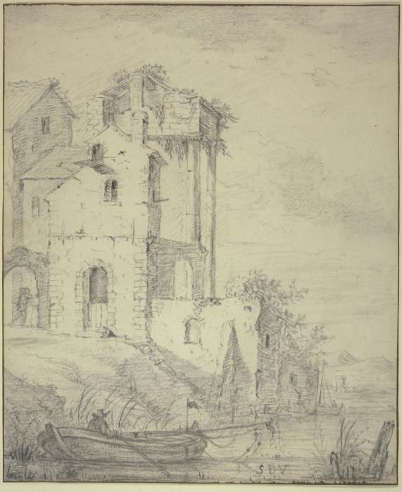 Ruinen am Wasser, vorn ein Kahn mit einem Ruderer von Simon de Vlieger