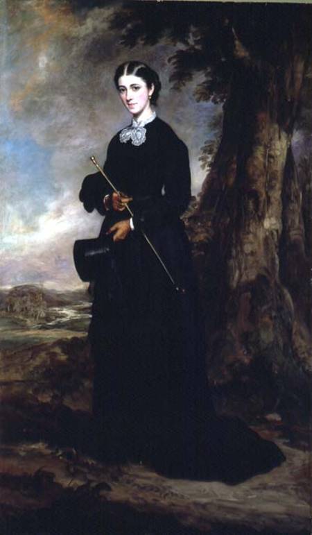 Young woman wearing a black riding habit and standing in a landscape von Sir Francis Grant