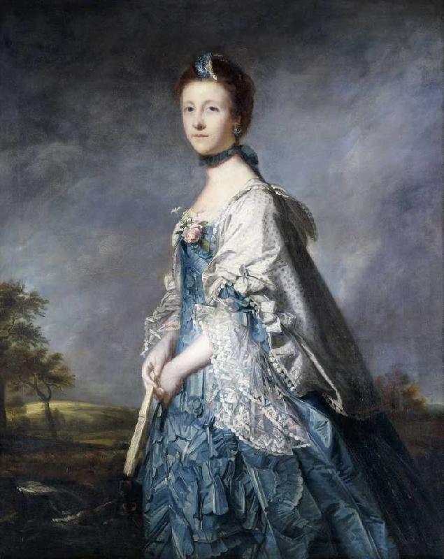 Bildnis der Countess Winterton in einem blauen Kleid vor einer Landschaft. von Sir Joshua Reynolds