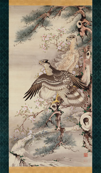 Falken-Paar mit Zweig und Blüten von Soga Shohaku