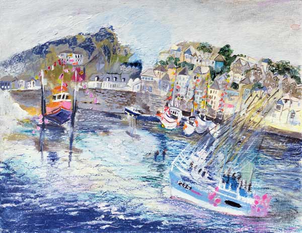 Fishing Harbour, Newlyn, Cornwall, 2005 (oil pastel & acrylic on board)  von Sophia  Elliot