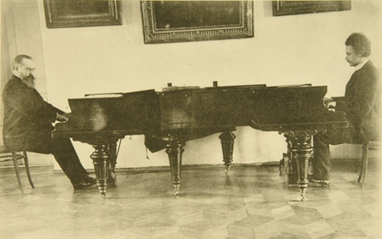 Komponisten Sergei Tanejew und Alexander Goldenweiser spielen Klavier von Sophia Andreevna Tolstaya