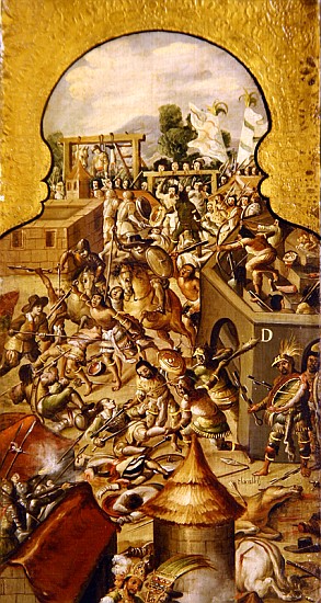 Depiction of the atrocities committed during the fighting for the conquest of the Temple Mayor and t von Spanish School
