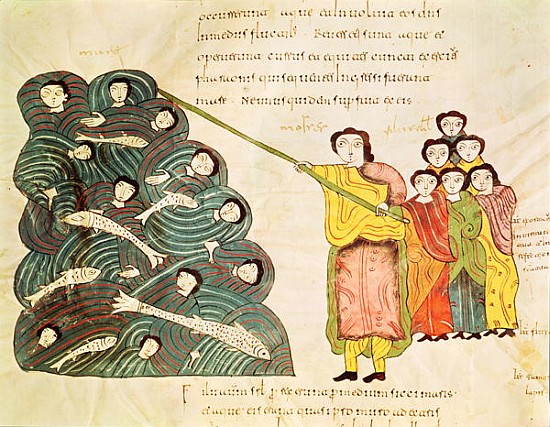 Fol.39v Moses closing the Red Sea on the Egyptians, from the ''Bible Mozarabe'' von Spanish School