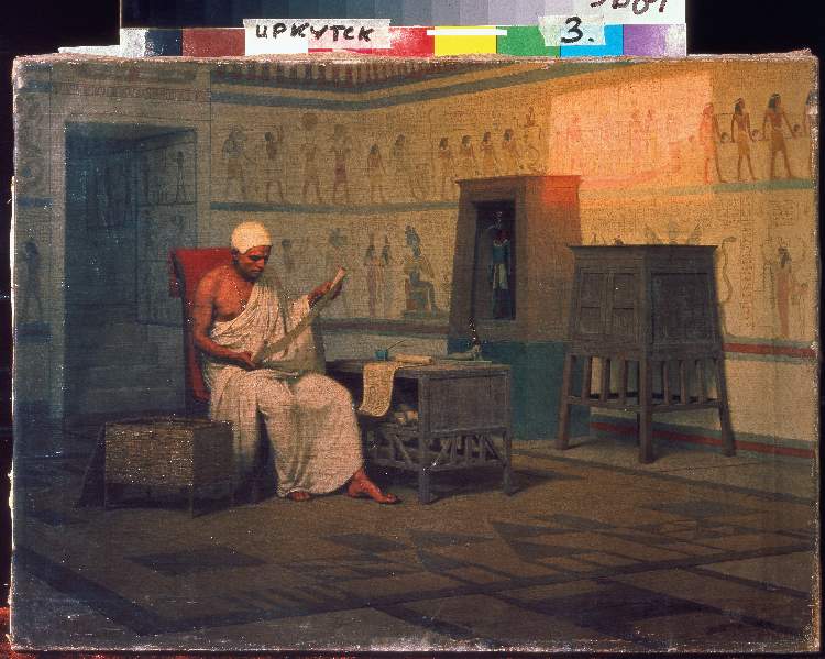 Ägyptischer Priester beim Studium einer Papyrus-Rolle von Stephan Bakalovitsch