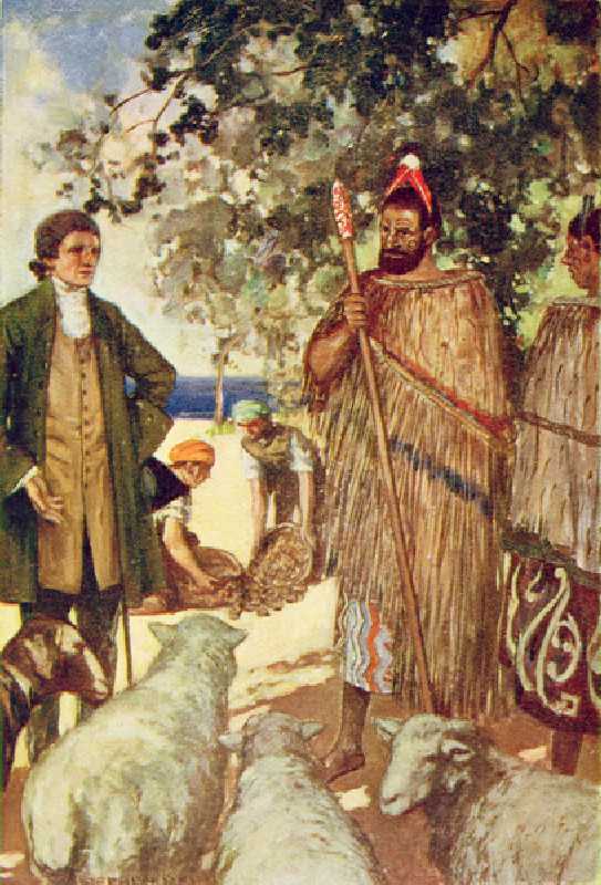 Captain Cook (1728-79) präsentiert den Eingeborenen einige Schafe und Ziegen von Stephen Reid