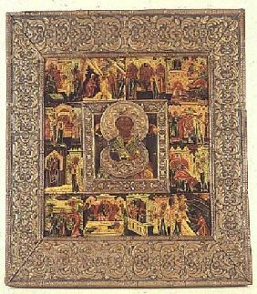 Russian icon depicting St.Nicholas, within a surround of 12 scenes from the life of Christ 16th centu