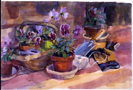 Potting up the pansies 1996