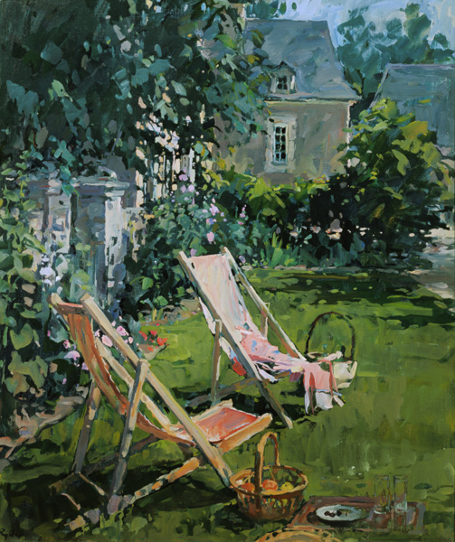 Deck Chairs at Coudray, 1998 (oil on canvas)  von Susan  Ryder
