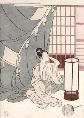 Young woman kneeling by her mosquito net, 1766 (colour woodblock print) 18th