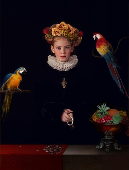 Porträt mit Papageien oder Gebet vor dem Essen