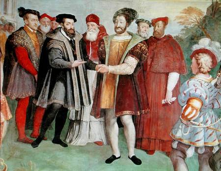 The Truce of Nice between Francis I (1494-1547) and Charles V (1500-58) from the 'Sala del Consiglio von Taddeo & Federico Zuccaro or Zuccari