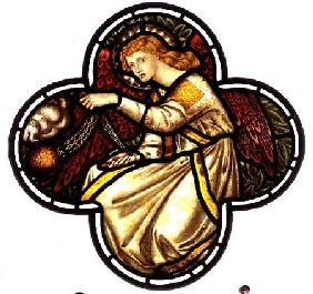 Angel swinging a censer, stained glass window removed from the east window of St. James' Church, Bri made