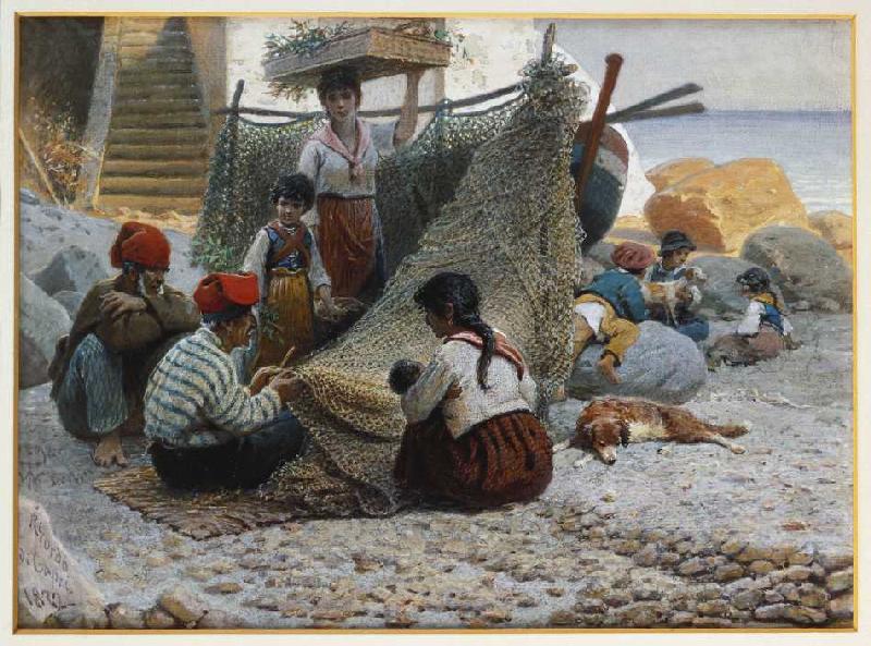 Fischer beim Ausbessern der Netze auf Capri von Theodor Leopold Weller