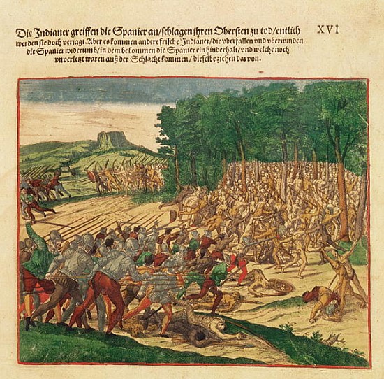 Battle between the Indians and the Spanish in which the Spanish colonel was beaten to death von Theodore de Bry