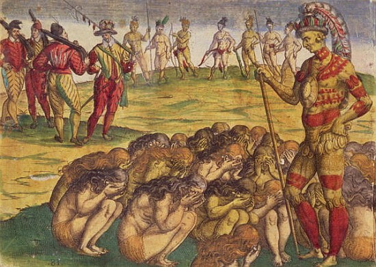 Capture of the Aztecs the Spanish Colonists, book illustration, c.1550 von Theodore de Bry
