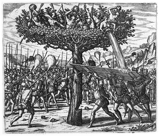 Indians in a Tree Hurling Projectiles at the Spanish von Theodore de Bry