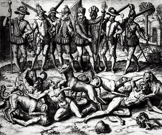 The dogs of Vasco Nunez de Balboa (1475-1571) attacking the Indians von Theodore de Bry