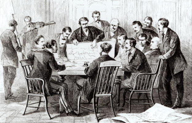 Cubans and Cuban emigres meeting in New York to plan an insurrection in Cuba (engraving) (b/w photo) von Theodore Russell Davis