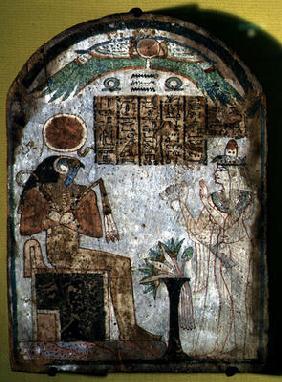 Stela depicting Tachenes praying before the god Re-Horakhty, 900 BC (painted wood) 19th