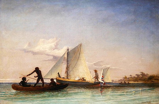 The Long Boat of the Messenger attacked Natives von Thomas Baines