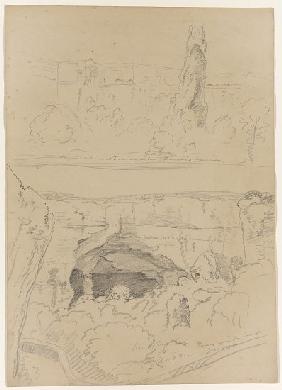 Rock, Tower Ruins and Cavern near the Ear of Dionysus, Syracuse, Sicily 1842