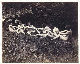 Males nudes in a seated tug-of-war 1883
