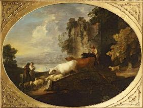 A River Landscape with Rustic Lovers, a Mounted Herdsman Driving Cattle and Sheep over a Bridge with