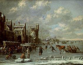 Eisläufer auf einem Kanal vor einer Stadtmauer 1685