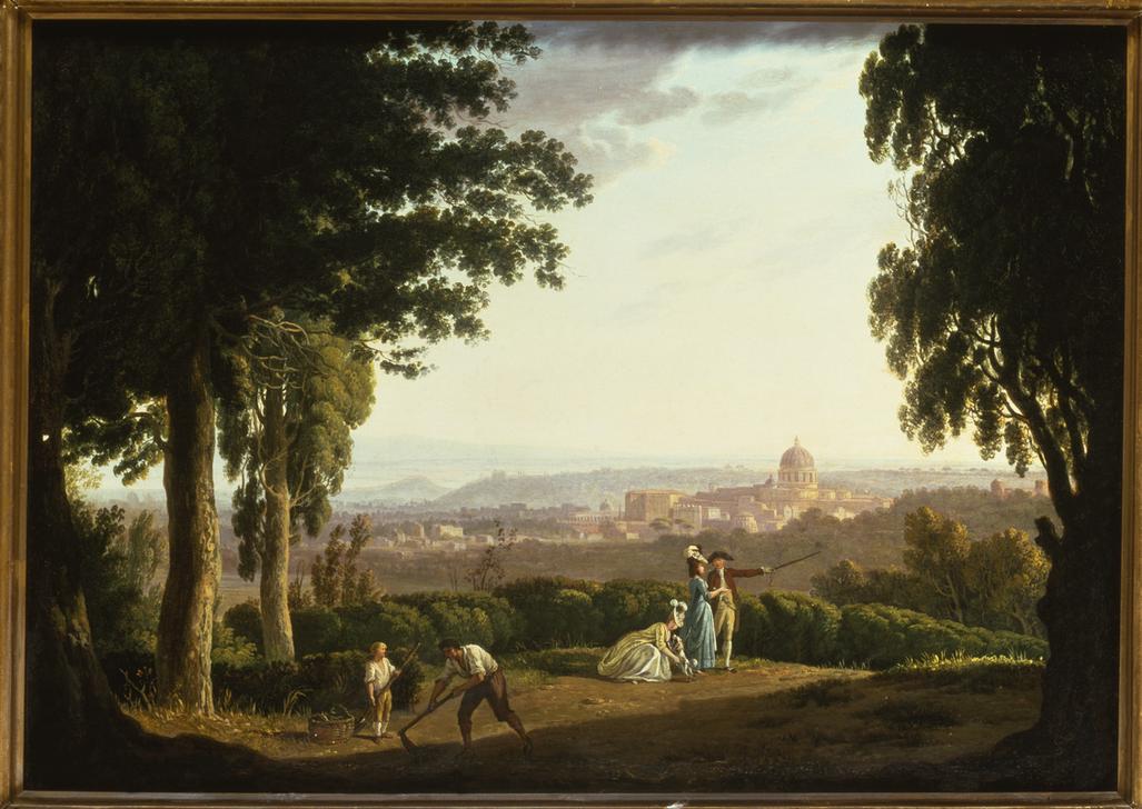 “Elegant figures on a hillside with a distant view of Rome” von Thomas Jones
