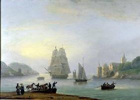 A Brig Entering Dartmouth Harbour, with a Ferry in the Foreground 1828