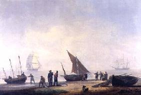 Fisherfolk on a Beach, with Vessels Offshore 1825