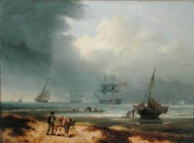 Shipping in a Windswept Bay with Men Working on the Shore 1812
