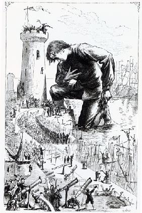 Gulliver kneels before the Lilliputians after stealing the Blefuscudian fleet, illustration from ''G