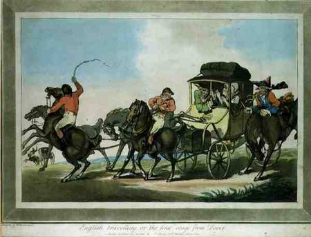 "English Travelling, or The First Stage from Dover", aquatinted by Francis Jukes (1747-1812), pub. b von Thomas Rowlandson