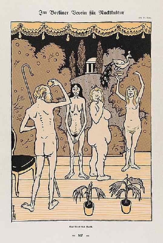 Im Berliner Verein für Nacktkultur, Das Urteil des Paris. Aus: Simplicissimus, Nr. 31 von Thomas Theodor Heine