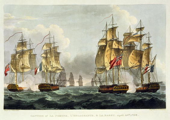 Capture of La Pomone, L'Engageante and La Babet, April 23rd 1794, engraved by Thomas Sutherland for von Thomas Whitcombe