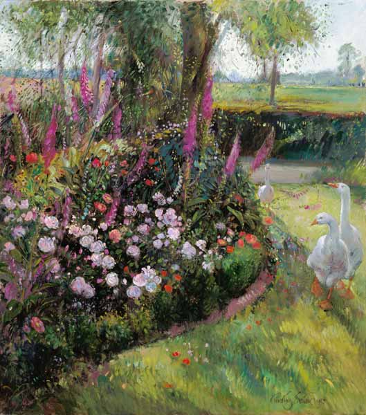 Rose Bed and Geese, 1992  von Timothy  Easton