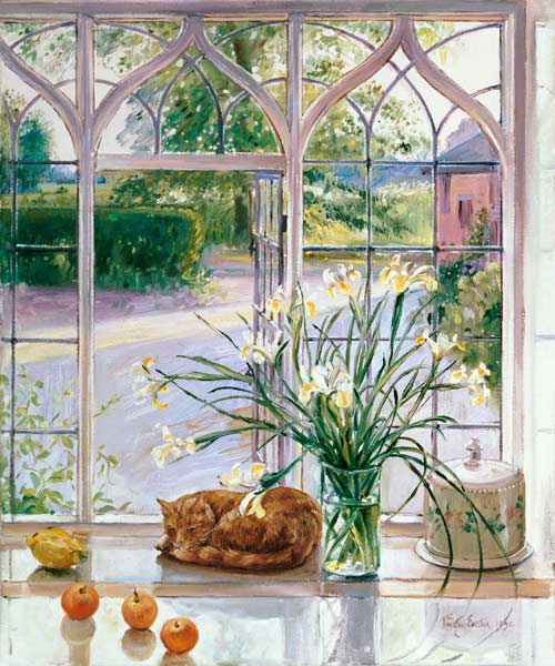 Irises and Sleeping Cat, 1990  von Timothy  Easton