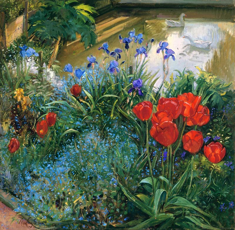 Red Tulips and Geese (oil on canvas)  von Timothy  Easton