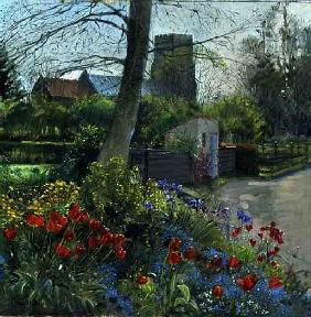 Red Tulips and Bedfield Church (oil on canvas) 